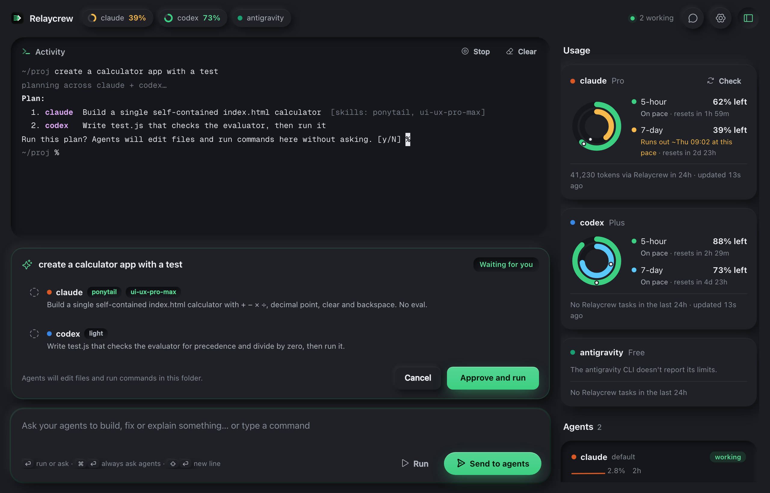 Relaycrew in dark mode: an activity panel showing a two-step plan, a plan sheet with the steps for Claude and Codex and an Approve and run button, a composer at the bottom, and usage rings for Claude and Codex on the right.