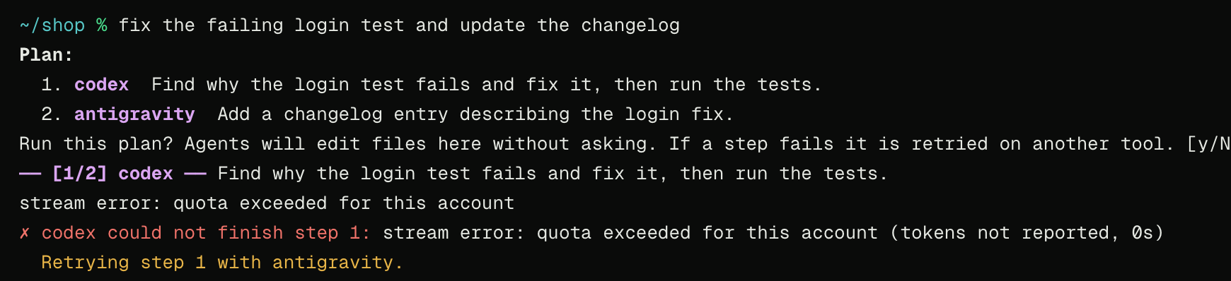 Terminal output: Codex could not finish step 1 because its quota was exceeded, so the step is retried with Antigravity.